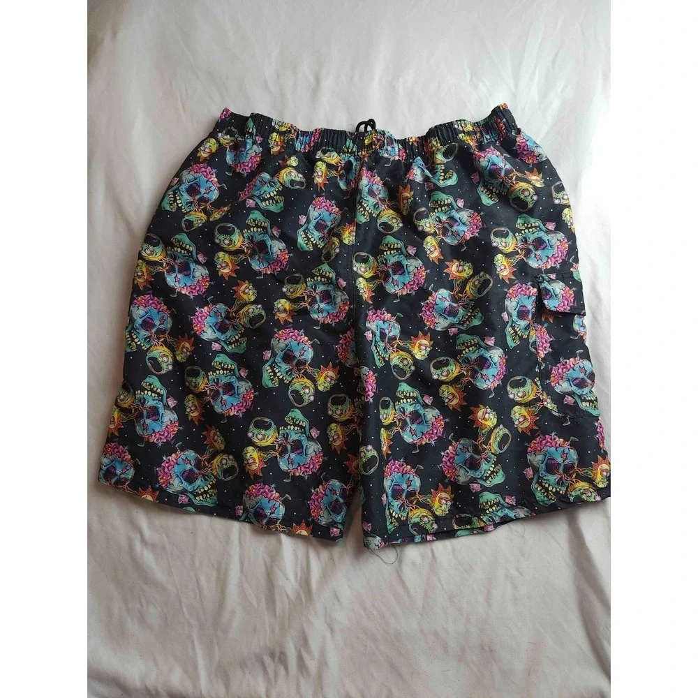 Veccoberry Swim Shorts Mens Size 2XL Black‎ Skull Graphic Print Summer Beach
